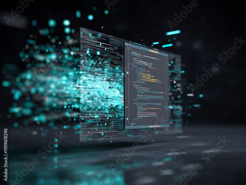 Software Development Concept with Floating Code Elements and Particles