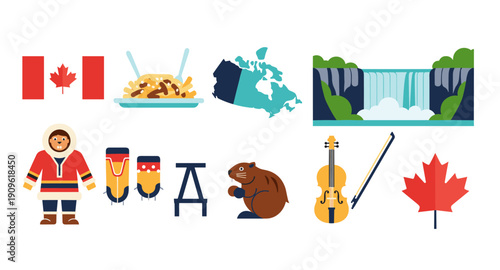 Collection of Canadian Icons: Flag, Poutine, Map, Waterfall, Beaver, Violin, and Maple Leaf