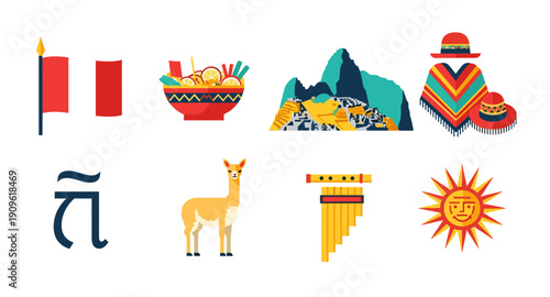 Collection of Peruvian cultural symbols and landmarks in a flat design style