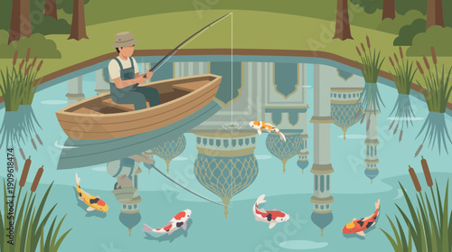 Vector illustration of a man fishing from a wooden boat on a serene lake with swimming koi fish and architectural reflections, concept for tranquility, leisure travel and recreational sport