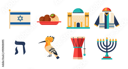 Collection of Israeli cultural symbols and landmarks in a flat design style