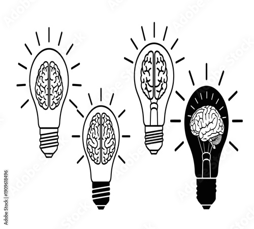 Four lightbulbs containing human brains illustrate concepts of thought intelligence and innovation high quality professional detailed