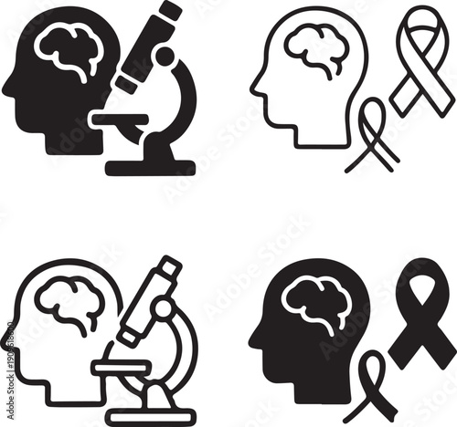 Medical Research Icons: A set of four stylized icons depicting medical research and awareness, featuring silhouettes of human heads with brains, microscopes, and awareness ribbons.