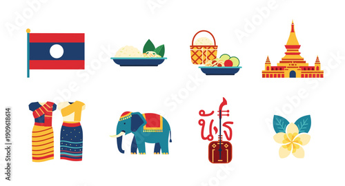 Laos cultural symbols including flag, food, traditional clothing, elephant, temple, and music