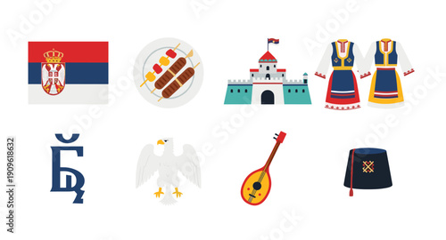 Serbia travel icons: flag, food, castle, traditional clothing, eagle, instrument, and fez