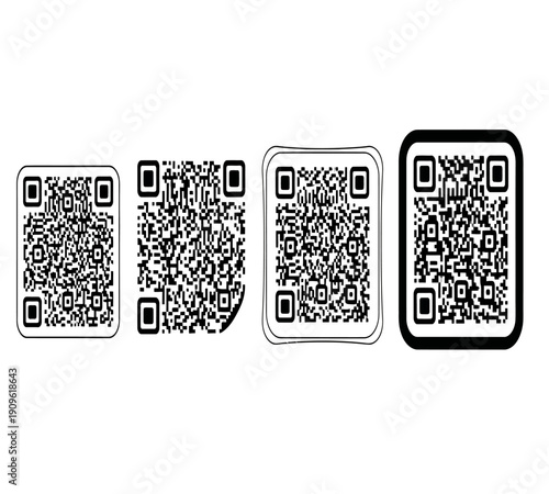 Four distinct quick response codes are displayed in varying sizes and border styles high quality professional