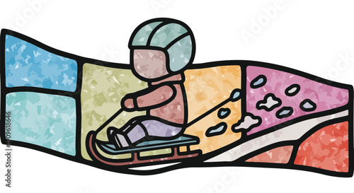 Child in helmet sledding down a colorful, abstract snowy hill with ice and snow chunks, representing winter fun and outdoor activity.