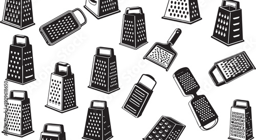 Various kitchen graters and shredders on white background illustration