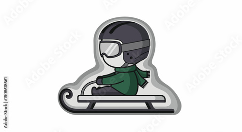 Cute cartoon character wearing helmet and goggles, sledding down a snowy hill in winter, cartoon illustration