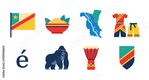 Collection of icons representing the Democratic Republic of Congo's culture and geography