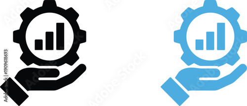 Business growth and analytics support icon with gear chart and helping hand vector illustration set