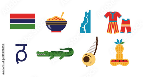 Collection of Gambian cultural symbols and landmarks in a flat design style