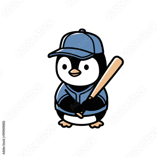 Cute Cartoon Penguin Baseball Player Holding Bat.