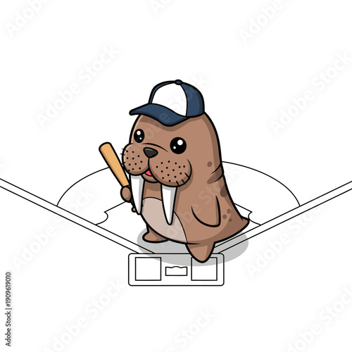Cute Cartoon Walrus Baseball Player with Bat and Cap.