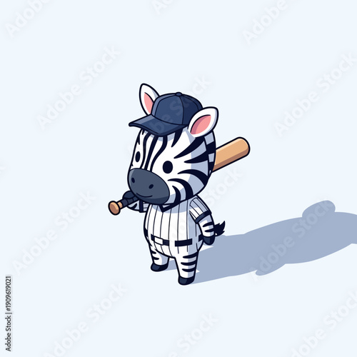 Cute Cartoon Zebra Baseball Player with Bat and Cap.
