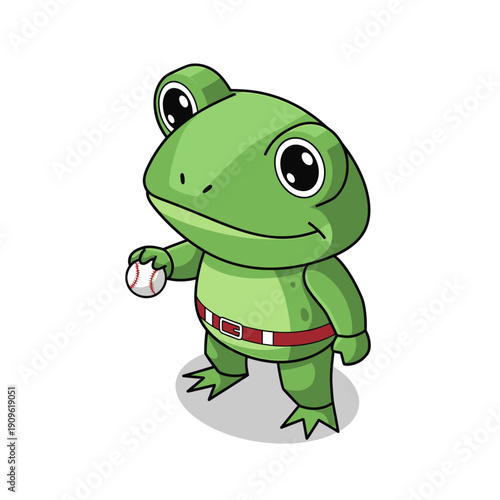 Cute Green Frog Character Holding Baseball Wearing Red Belt.