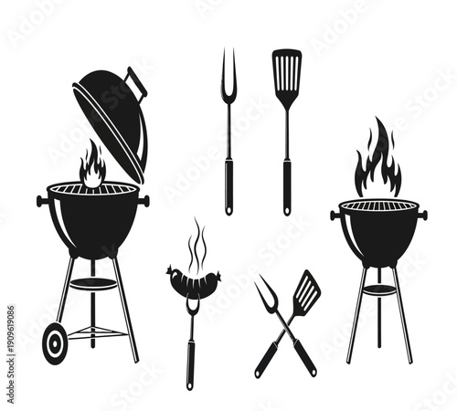 Black and white illustration of a barbecue grill tools and a cooking sausage high quality professional