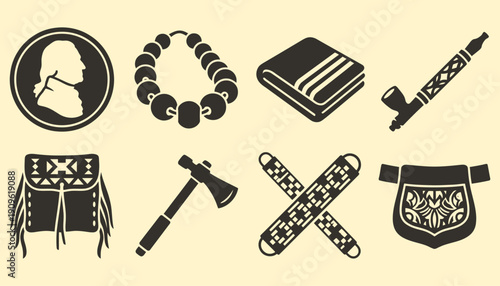 Native American History Icons Set Black and White Vector Artifacts