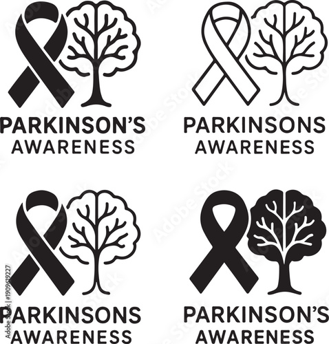 Parkinson's Awareness Symbols: A collection of four graphic symbols, each featuring a ribbon intertwined with a tree, symbolizing Parkinson's disease awareness and support.