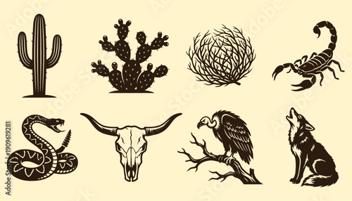 Desert Wildlife and Western Plants Silhouette Vector Set