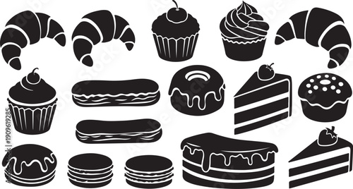 Black and white illustration of various sweet baked goods