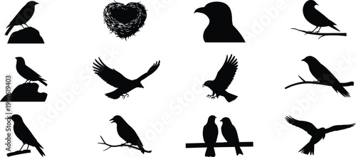 Black Bird Silhouettes Set, Collection of Flying Eagle and Perched Raven Icons with Heart Shaped Nest for Minimalist Nature Design Isolated on White Background (24 words)