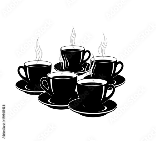 A collection of steaming black coffee cups arranged closely together on white saucers high quality professional