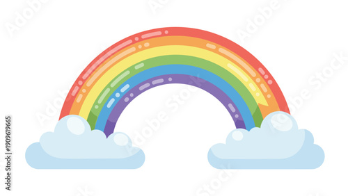 Bright colorful rainbow arching between two soft white clouds on a white background for children's room decor and playful weather designs.
