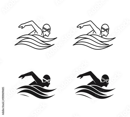 Four black and white line art icons depicting a swimmer in a freestyle stroke high quality