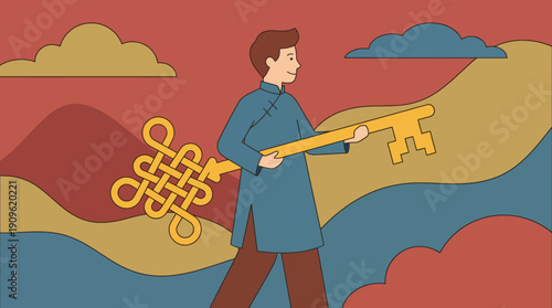 Man in traditional tunic holds giant golden key with mystic knot handle in abstract landscape, concept for success strategies, unlocking potential and achievement visualization