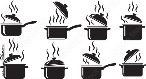 Black and white cooking pot icons with steam rising