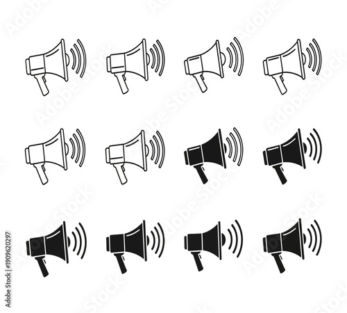 A collection of black and white line art illustrations depicting vintage megaphone speakers high quality professional