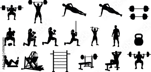 Gym Workout Silhouettes Set, Men and Women Fitness Exercises, Bodybuilding, Weightlifting, Cardio and Strength Training Vector Collection