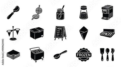 Collection of black icons for ice cream parlor and waffle house
