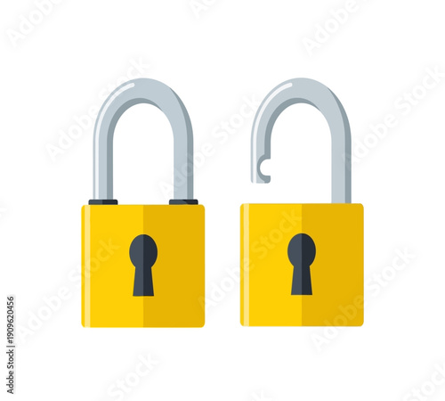 Two yellow padlocks are displayed one locked and one unlocked symbolizing security and access high quality