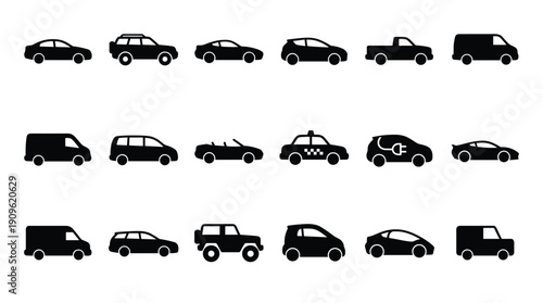 Automobile silhouette collection featuring sedan suv truck van and electric vehicle set