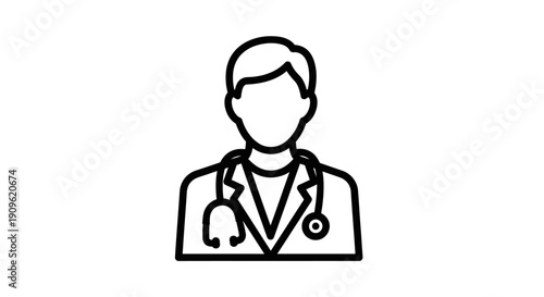Simple line art icon of a doctor wearing a lab coat and stethoscope, representing the medical profession and healthcare services.
