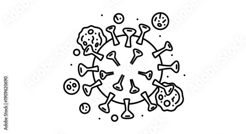 Cluster of Coronavirus COVID-19 Virus Particles with Mutations, Outline Icon on Isolated White Background
