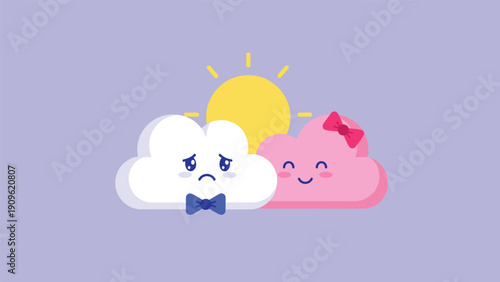 Sad white cloud with a bow tie next to a happy pink cloud with a bow and the sun on a purple background for weather and mood themes.