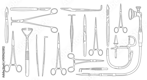 Collection of Surgical Instruments and Medical Tools, Outline Icons on Isolated White Background