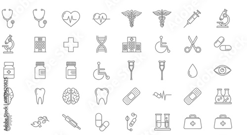 A comprehensive collection of medical and healthcare line icons, featuring essential tools, symbols, and concepts related to health, wellness, and medicine.