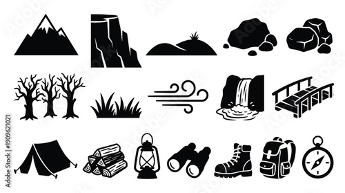 Set of black icons representing nature and outdoor adventure elements