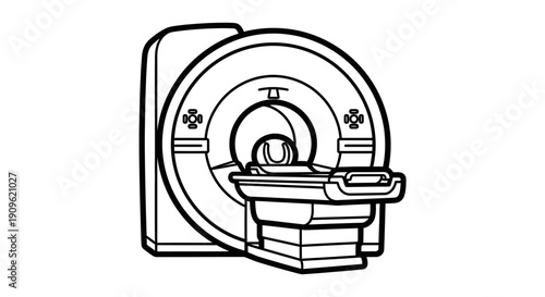 MRI Scanner Medical Imaging Equipment in Outline Style, Isolated White Background