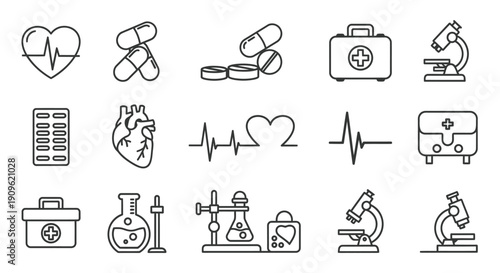 Essential Medical and Healthcare Line Icons Set, Isolated White Background