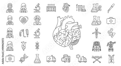 Detailed line art illustration of a human heart surrounded by various medical and science icons.