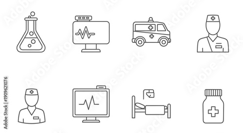 Set of Medical and Healthcare Line Icons for Hospital and Clinic Needs, Isolated White Background