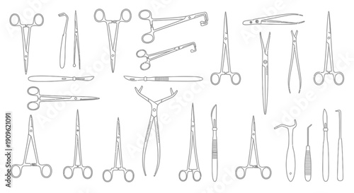 Collection of Surgical Instruments and Medical Tools for Healthcare Professionals on Isolated White Background