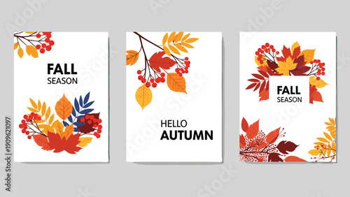 Set of three autumn season cards with colorful falling leaves and red berries on a white background for seasonal greetings and events.