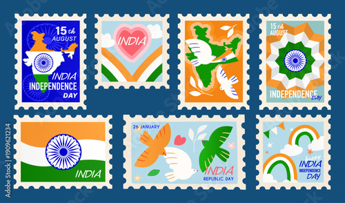 India national holidays set of stamps, stickers, postmark, India Independence Day, republic day, symbols, pigeon, flag, creative vector illustration