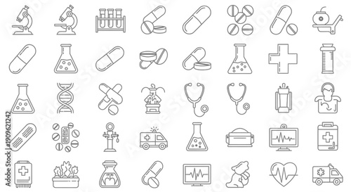 Comprehensive Set of Medical and Healthcare Line Icons on a Bright Background